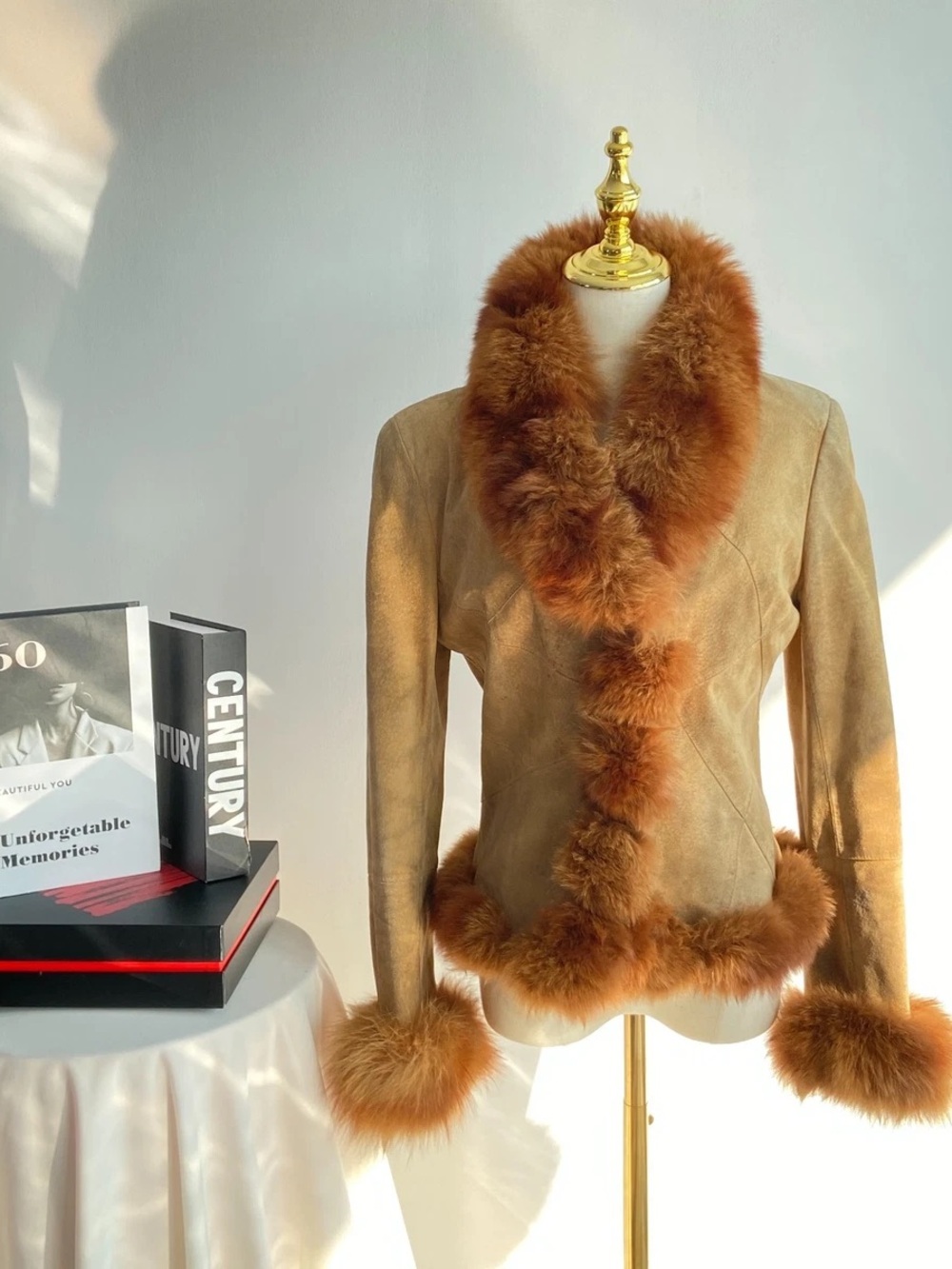 Women’s Tan Suede Jacket with Fox Fur Trim